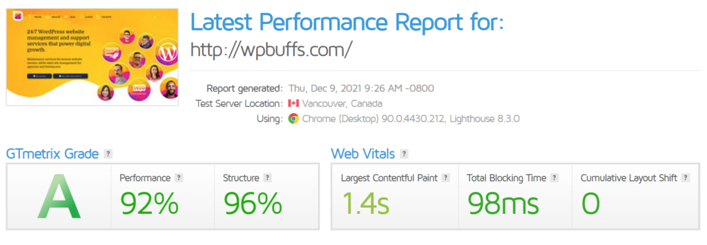 Image of WP Buffs Speed Performance Report in GTmetrix
